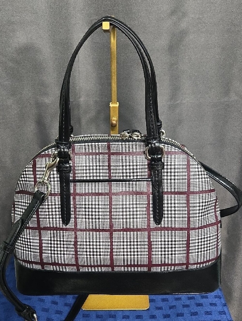 Coach Black and Burgundy Plaid Dome Satchel with Silver Hardware - Picture 2 of 13
